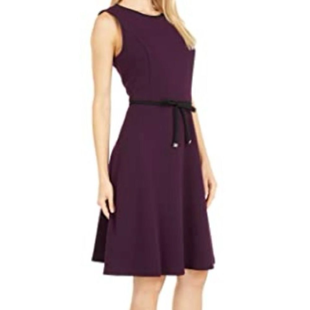 Tommy Hilfiger Scuba Crepe Purple Black Bow Tie Fit and Flare Sleeveless Dress